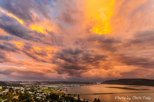 Knysna Lagoon, dramatic sky.  Actual view from Paradise Found. Photo by Chris Daly.
